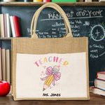 Gepersonaliseerde Potlood Roze Strikje Naam Jute Tote Tas met Voorvak Teacher's Day Appreciation Gift voor Leraar