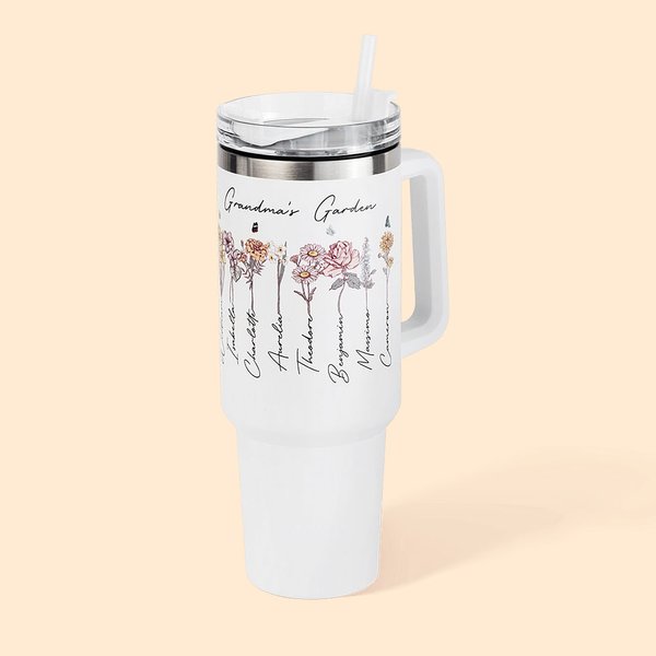 Personalisierte Multicolor Geburt Blume 40oz Becher mit Namen Deckel und Strohhalm Geburtstag Muttertag Geschenk für Mutter Oma