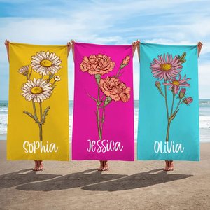 Personalised Oversized Quick Dry Birth Flower Beach Towel with Name Summer Travel Essential Bachelorette Wedding Gift for Her