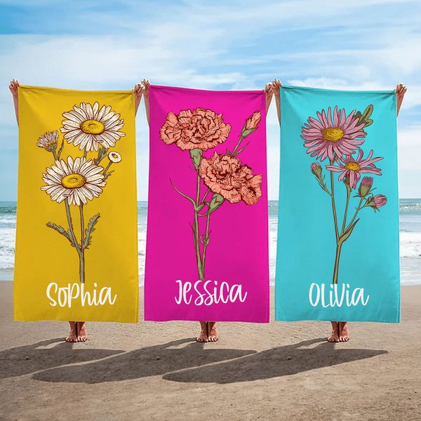 Personalised Oversized Quick Dry Birth Flower Beach Towel with Name Summer Travel Essential Bachelorette Wedding Gift for Her