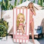 Personalised Quick Dry Super Absorbent Striped Pink and White Fashion Beach Towel with Name Birthday Pool Party Vacation Gift for Her
