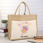 Gepersonaliseerde Potlood Roze Strikje Naam Jute Tote Tas met Voorvak Teacher's Day Appreciation Gift voor Leraar