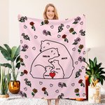 Personalised Heart Hugging Bears Birth Flower Fleece Soft Blanket with 2-9 Names Birthday Gift for Family