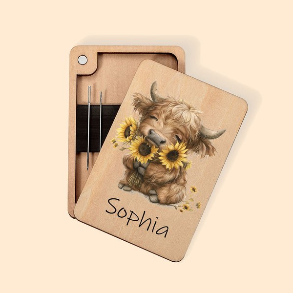 Personalised Highland Cow Wooden Magnetic Needle Box with Name Birthday Anniversary Gift for Sewing Lovers