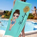 Gepersonaliseerde Cartoonfiguur Sneldrogend Oversized Strandhanddoek met Geboortebloem en Naam Zomer Vakantie Strandfeest Cadeau voor Familie Vrienden
