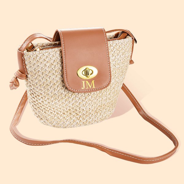 Sac de Paille Personnalisé avec Monogramme Sac avec Bandoulière en Cuir Accessoire de Voyage Vacances d'Été à la Plage Cadeau pour Femme