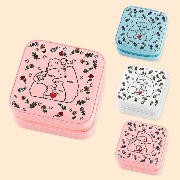 Boîte à Bijoux en Cuir Personnalisée avec 2-9 Ours Noms et Fleurs de Naissance Accessoire de Voyage Portable Cadeau d'Anniversaire Fête pour Femme