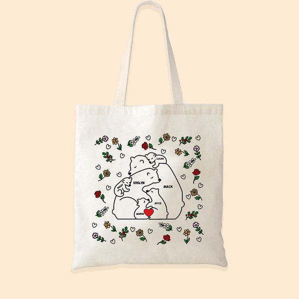 Personalizado Amor Abrazo Oso Familia Bolsa de lona con flor de nacimiento y 2-9 nombres Cumpleaños Aniversario Día de la Madre Regalo para ella