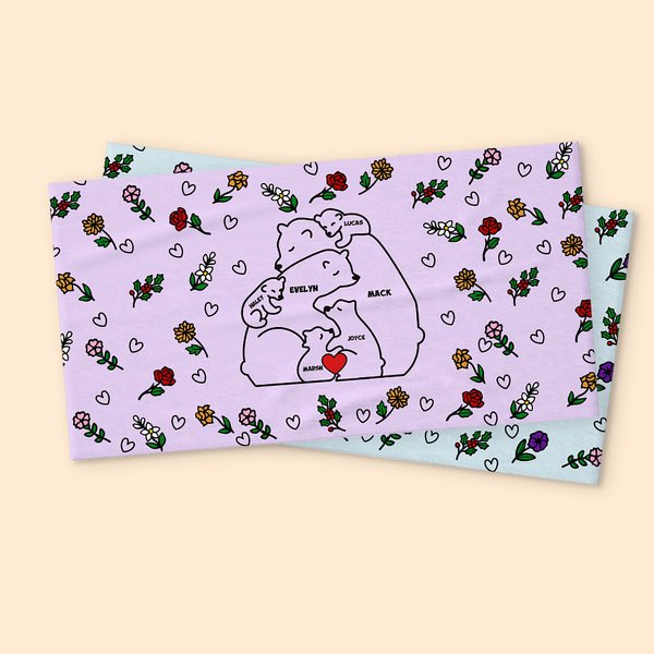 Toalla de playa de microfibra personalizada con el nombre y la flor de nacimiento Love Hugging Family Bear Quick Dry Oversized Summer Travel Essential