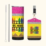 Gepersonaliseerde Faux Glitter Potlood Kleurpotlood Apple Naam 20 oz Skinny Tumbler en Badgehouder Waardering Terug naar School Gift voor Leraar