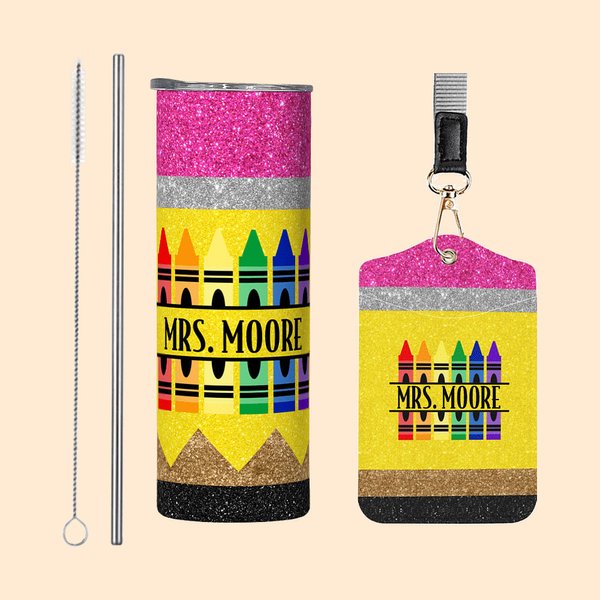 Gepersonaliseerde Faux Glitter Potlood Kleurpotlood Apple Naam 20 oz Skinny Tumbler en Badgehouder Waardering Terug naar School Gift voor Leraar