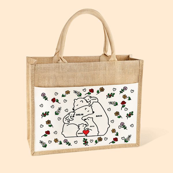 Personalizado lindo amor abrazando familia oso yute bolsa de yute con nombre nacimiento flor y lienzo bolsillo cumpleaños día de la madre regalo para 