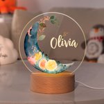 Personalisierte Mond florale Muster Kinderzimmer LED-Nachtlicht mit hölzernen Basis Name Kinderzimmer Dekoration Baby-Dusche Geburtstag Geschenk für Kind