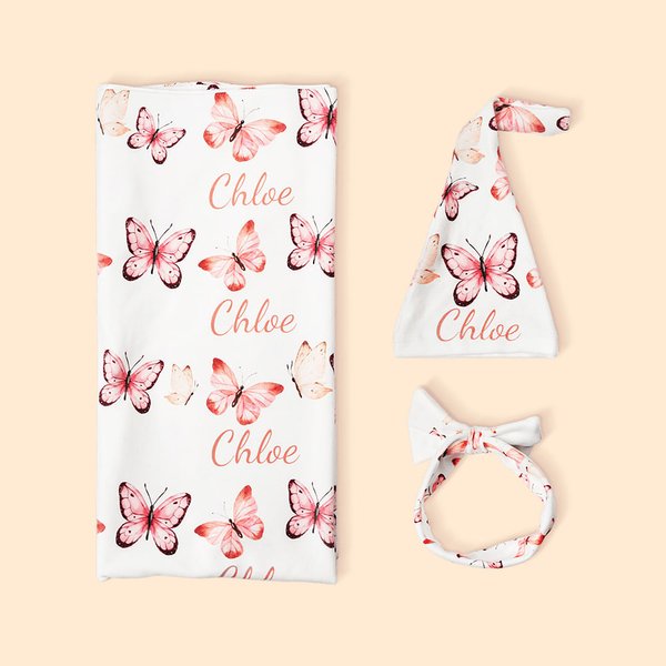 Personalised Baby Girl Pink Butterfly Receiving Blanket Swaddle Hat Bow Headband Coming Home Outfit with Name Baby Shower Gift for Newborns