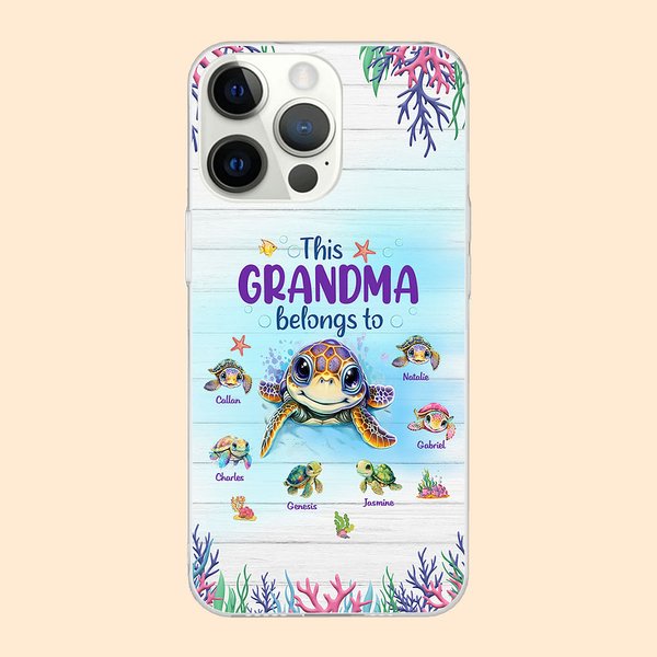 Personalizzato carino Ocean Turtles famiglia Questa nonna appartiene a TPU Slim Phone Case con i nomi dei bambini Festa della mamma regalo di compleanno per la mamma nonna