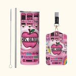 Gepersonaliseerde Roze Apple Pencil Food-Grade 20oz Skinny Tumbler en ID Badgehouder met naam Waardering Terug naar School Cadeau voor Leraar