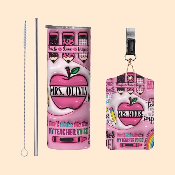 Gepersonaliseerde Roze Apple Pencil Food-Grade 20oz Skinny Tumbler en ID Badgehouder met naam Waardering Terug naar School Cadeau voor Leraar