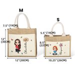 Personalizado lindo personaje de dibujos animados de yute Bolsa de almuerzo con el nombre de nacimiento de flores y de lona de bolsillo de vuelta a la