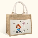Personalizado lindo personaje de dibujos animados de yute Bolsa de almuerzo con el nombre de nacimiento de flores y de lona de bolsillo de vuelta a la