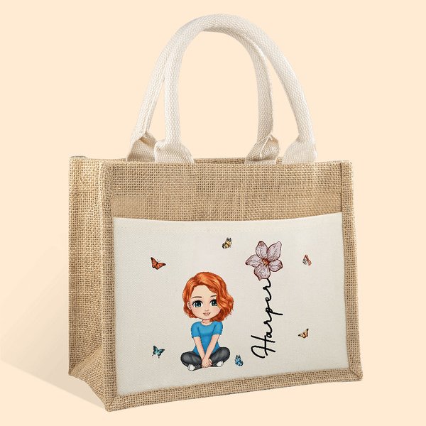 Personalisierte Cartoon-Charakter Jute Tasche mit Namen Geburtsblume Segeltuch Tote Bag Zurück zur Schule Strand Party Geschenk für Familie Freunde