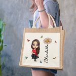 Personalizado lindo personaje de dibujos animados de yute Bolsa de almuerzo con el nombre de nacimiento de flores y de lona de bolsillo de vuelta a la