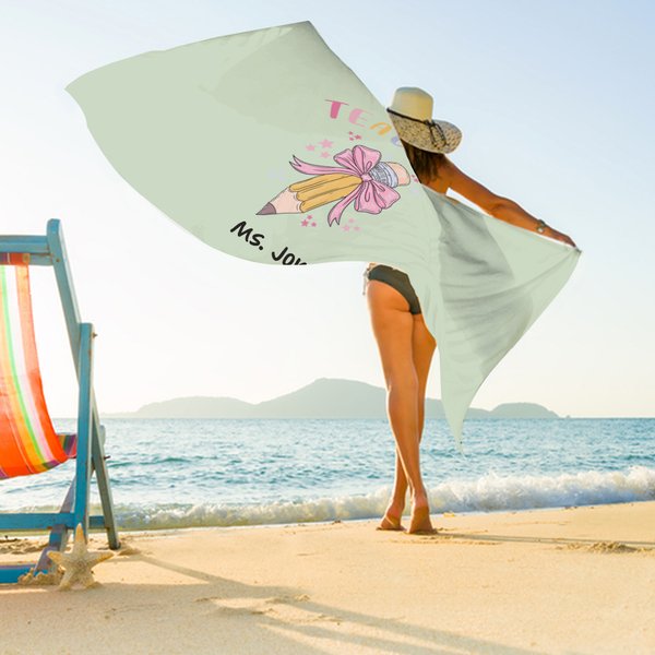 Asciugamano da spiaggia personalizzato in microfibra, con nome, con nodo a fiocco e matita, accessorio per le vacanze estive, regalo di gratitudine pe