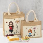 Personalizado lindo personaje de dibujos animados de yute Bolsa de almuerzo con el nombre de nacimiento de flores y de lona de bolsillo de vuelta a la