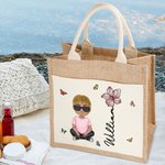 Personalizado lindo personaje de dibujos animados de yute Bolsa de almuerzo con el nombre de nacimiento de flores y de lona de bolsillo de vuelta a la