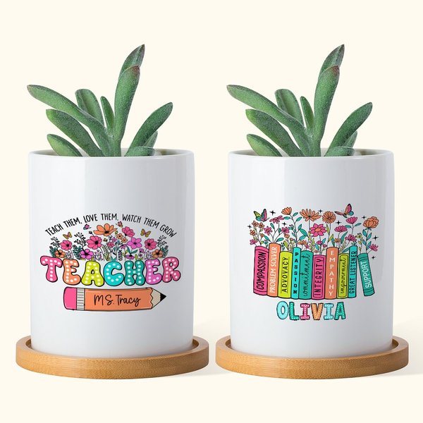 Personalisierte bunte Buchstaben floralen Buch Bleistift Keramik Pflanzentopf mit Namen und Bambus Basis Wertschätzung zurück zu Schule Geschenk für L