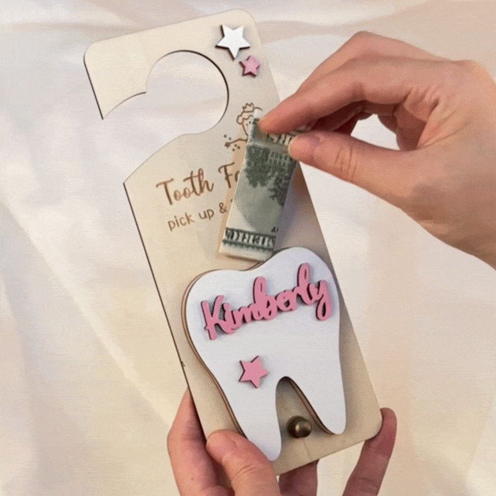 Tooth Fairy Gifts Personalised Tooth Fairy Door Hanger | Custom First Tooth Holder with Money Slot & Bag | Magical Childhood Gift for Boys & Girls