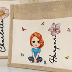 Personalizado lindo personaje de dibujos animados de yute Bolsa de almuerzo con el nombre de nacimiento de flores y de lona de bolsillo de vuelta a la