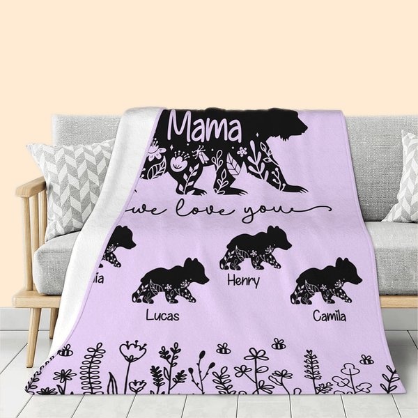 Personalized Floral Mama Bear Fleece Blanket with 1-10 Baby Bears and Names Mother's Day Birthday Gift for Mom Grandma
