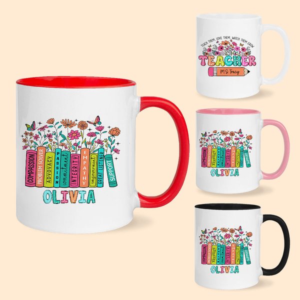 Personalisierte Floral Buch Bleistift 11oz Lehrer Keramik Kaffeebecher mit Namen Teach Them Love Them Watch Them Grow Danke Geschenk für Lehrer