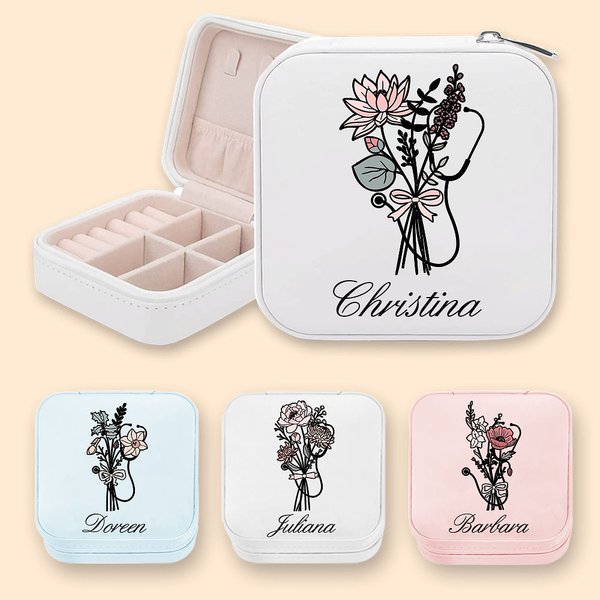 Estetoscopio Personalizado Nacimiento Flor Bouquet Lazo Estuche de viaje de joyería de cuero con el nombre de la enfermera de la Semana de Apreciación