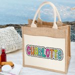 Personalised Dalmatian Dots Jute Tote Bag with Pocket and Colourful Name Reusable Back to School Wedding Beach Gift for Women