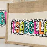 Personalised Dalmatian Dots Jute Tote Bag with Pocket and Colourful Name Reusable Back to School Wedding Beach Gift for Women
