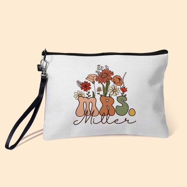 Personalised Retro Wildflowers MRS. Makeup Bag Bridal Shower Back to School Birthday Gift for Women