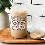 Personalised Baseball Number Name Drinking Glasses with Bamboo Lids and Glass Straw Birthday Gift for Sports Lover