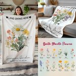 Personalized Love Grows Here Birth Flower Bouquet Soft Fleece Blanket with Name Birthday Anniversary Gift for Family