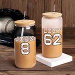 Personalised Baseball Number Name Drinking Glasses with Bamboo Lids and Glass Straw Birthday Gift for Sports Lover
