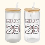Personalised Baseball Number Name Drinking Glasses with Bamboo Lids and Glass Straw Birthday Gift for Sports Lover