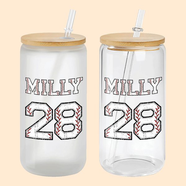 Personalised Baseball Number Name Drinking Glasses with Bamboo Lids and Glass Straw Birthday Gift for Sports Lover