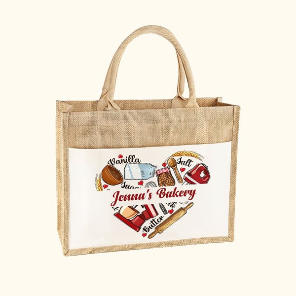Personalised Baking Tools Love Heart Large Capacity Jute Tote Bag with Name Birthday Gift for Cooking Lovers