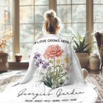 Personalized Love Grows Here Birth Flower Bouquet Soft Fleece Blanket with Name Birthday Anniversary Gift for Family