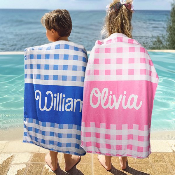 Personalised Oversized Microfiber Quick Dry Gingham Beach Towel with Name Summer Travel Essentials Birthday Gift for Kids