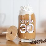Personalised Baseball Number Name Drinking Glasses with Bamboo Lids and Glass Straw Birthday Gift for Sports Lover