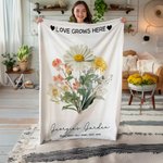 Personalized Love Grows Here Birth Flower Bouquet Soft Fleece Blanket with Name Birthday Anniversary Gift for Family
