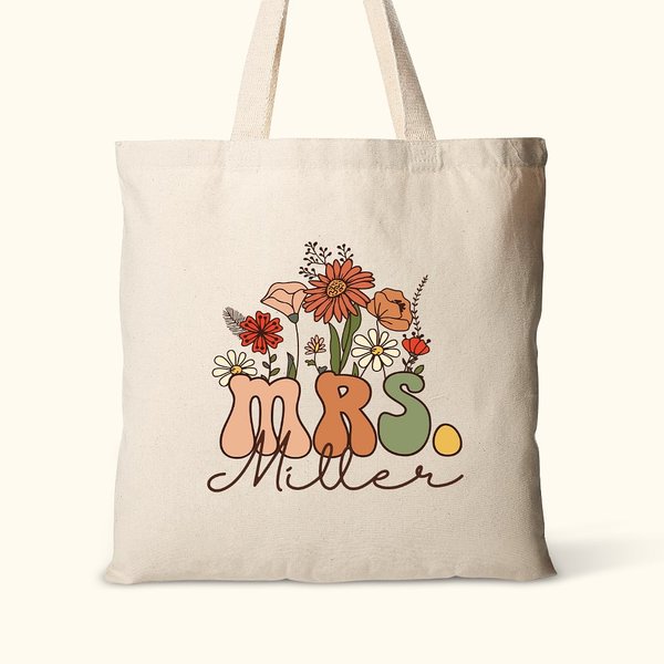 Personalised Retro Wildflowers MRS. Canvas Tote Bag with Name Teacher Appreciation Bridal Shower Wedding Gift for Women