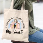 Sac à Main en Toile Personnalisé avec Nom et Personnage Motif Arc-en-ciel Cadeau de Rentrée pour l'Enseignant