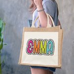 Personalised Dalmatian Dots Jute Tote Bag with Pocket and Colourful Name Reusable Back to School Wedding Beach Gift for Women